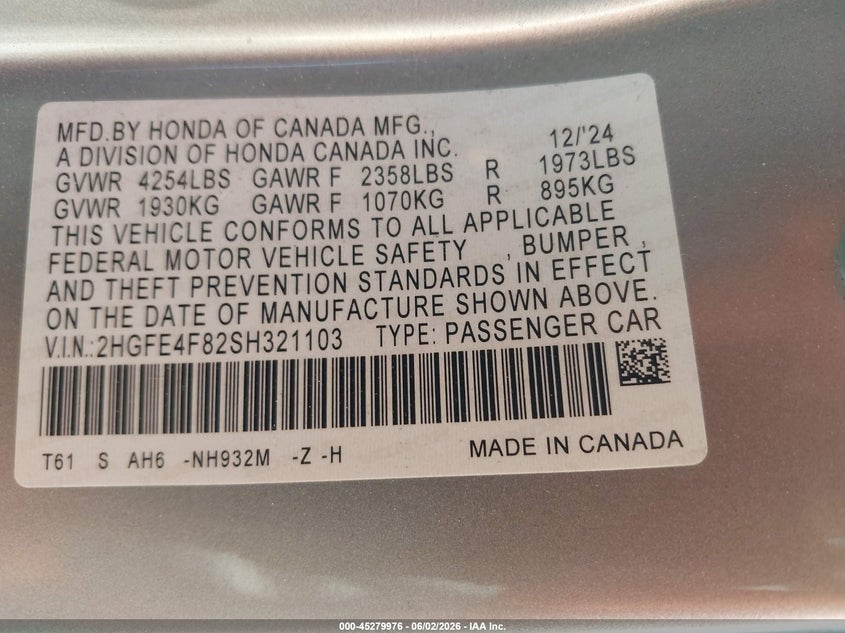 2025 HONDA CIVIC SEDAN 2.0L I-4 DI, DOHC, VVT, 141HP