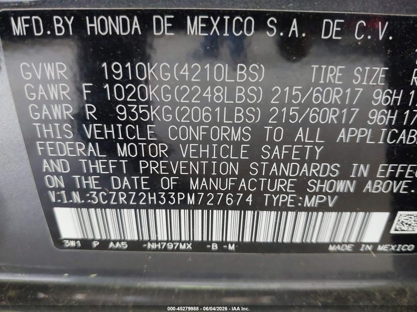 2023 Honda Hr-V Awd Lx VIN: 3CZRZ2H33PM727674 Lot: 45279988