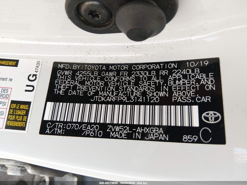 2020 Toyota Prius Prime Limited VIN: JTDKARFP9L3141120 Lot: 45279999