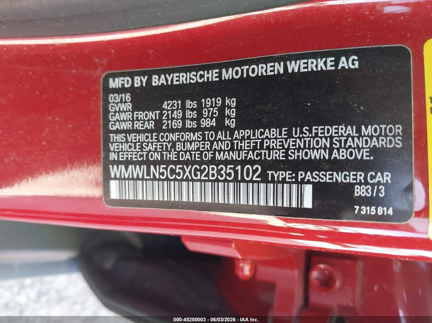 2016 Mini Clubman Cooper VIN: WMWLN5C5XG2B35102 Lot: 45280003