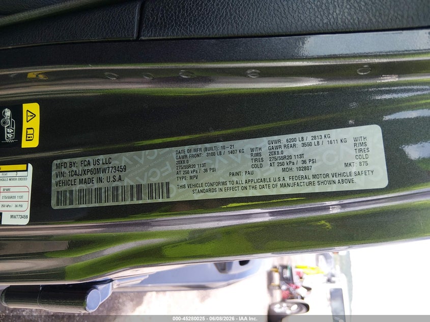 2021 Jeep Wrangler 4Xe Unlimited Sahara 4X4 VIN: 1C4JJXP60MW773459 Lot: 45280025