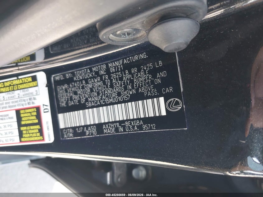 2021 LEXUS ES 300H 2.5L I-4 DI, DOHC, V(VIN: 58ACA1C15MU010157