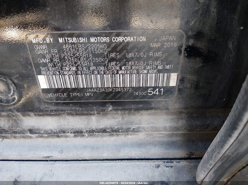 2019 Mitsubishi Outlander Se VIN: JA4AZ3A30KZ045372 Lot: 45280076