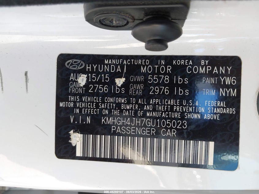 2016 Hyundai Equus Ultimate VIN: KMHGH4JH7GU105023 Lot: 45280107