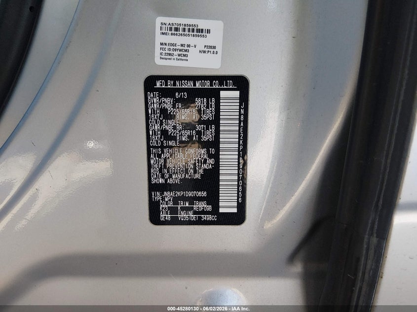2013 Nissan Quest Sv VIN: JN8AE2KP1D9070656 Lot: 45280130