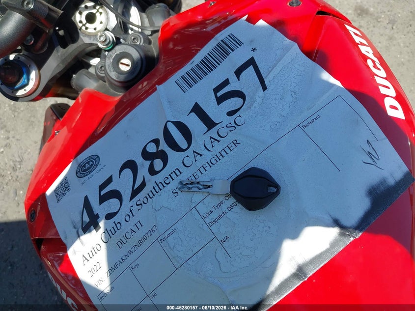 2022 Ducati Streetfighter V4/V4S VIN: ZDMFAKNW2NB007287 Lot: 45280157