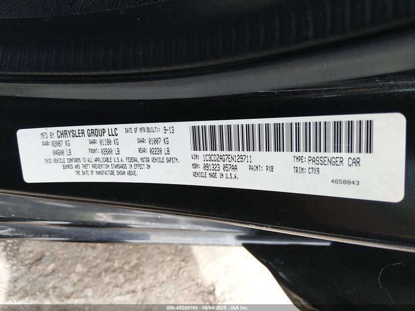 2014 Dodge Avenger Se VIN: 1C3CDZAG7EN129711 Lot: 45280160