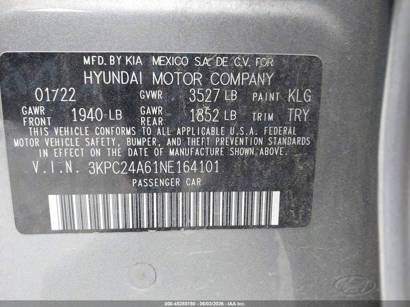 2022 Hyundai Accent Se VIN: 3KPC24A61NE164101 Lot: 45280190