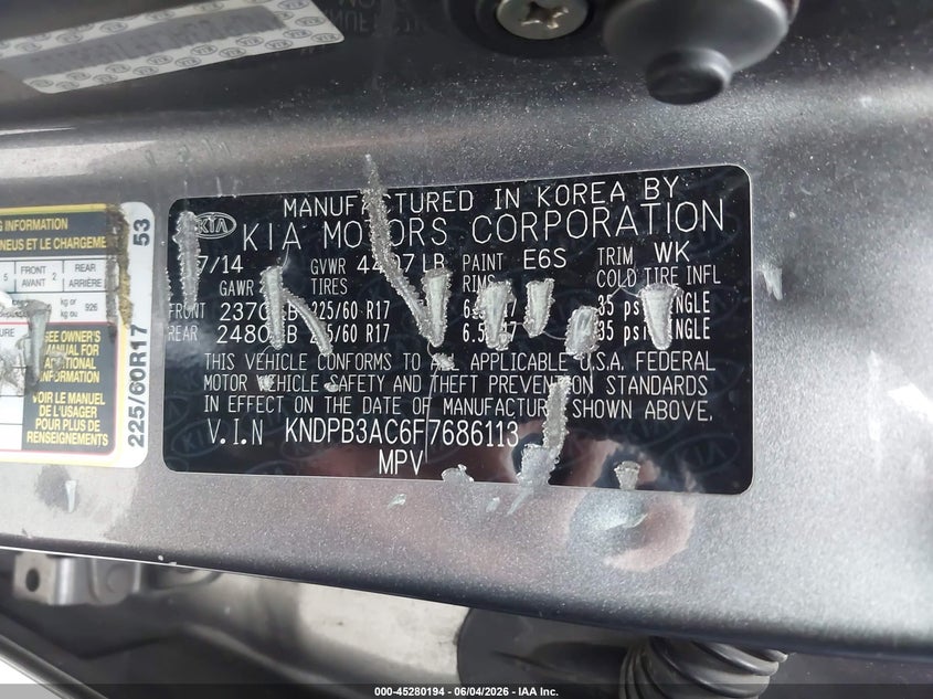 2015 Kia Sportage Lx VIN: KNDPB3AC6F7686113 Lot: 45280194