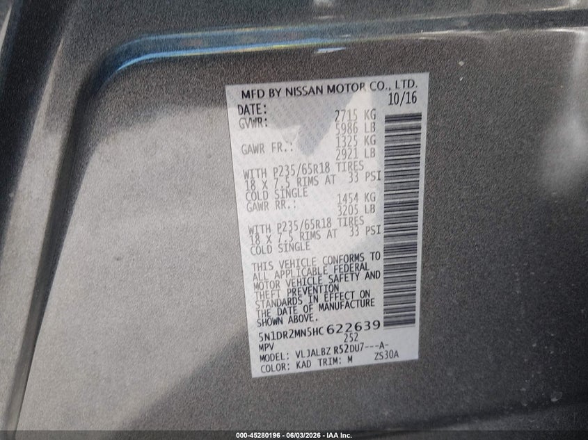 2017 Nissan Pathfinder S VIN: 5N1DR2MN5HC622639 Lot: 45280196