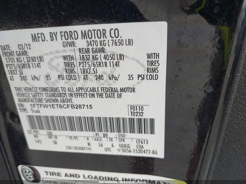 2012 Ford F-150 3.5 Fx4 Unknown Lot 111045280200 Vin 1FTFW1ET6CFB28715