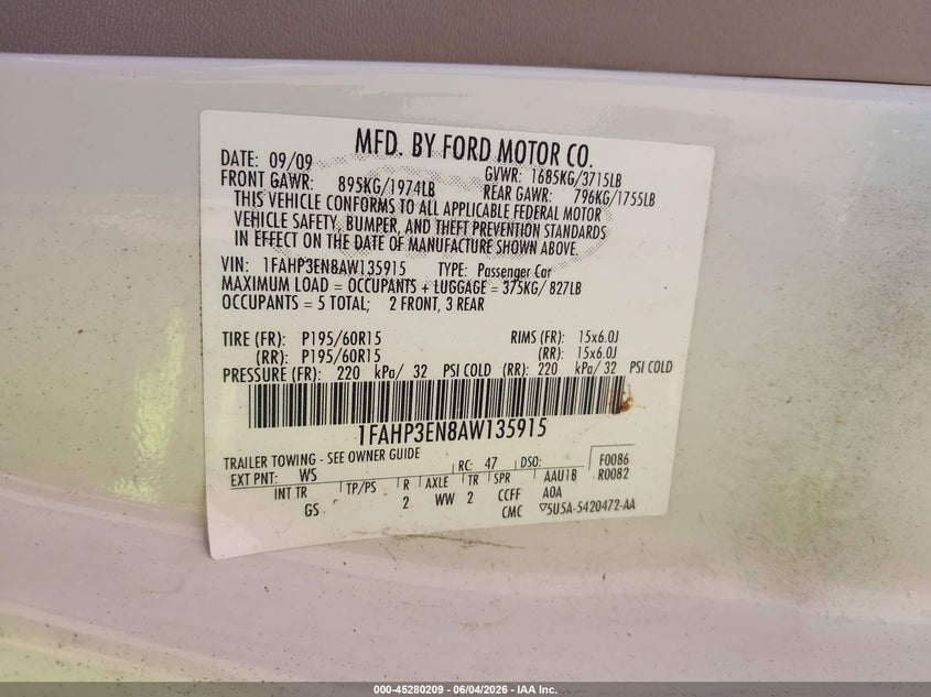 2010 Ford Focus S VIN: 1FAHP3EN8AW135915 Lot: 45280209