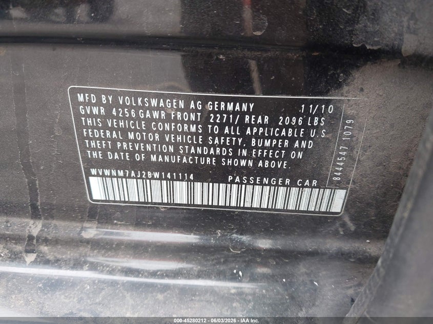 2011 Volkswagen Golf Tdi 4-Door VIN: WVWNM7AJ2BW141114 Lot: 45280212