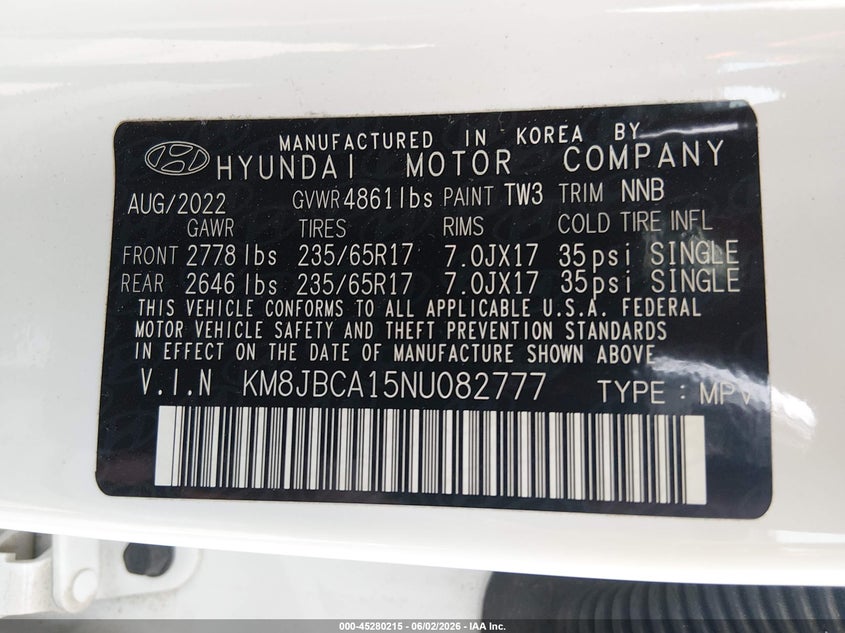 2022 Hyundai Tucson Hybrid Blue VIN: KM8JBCA15NU082777 Lot: 45280215