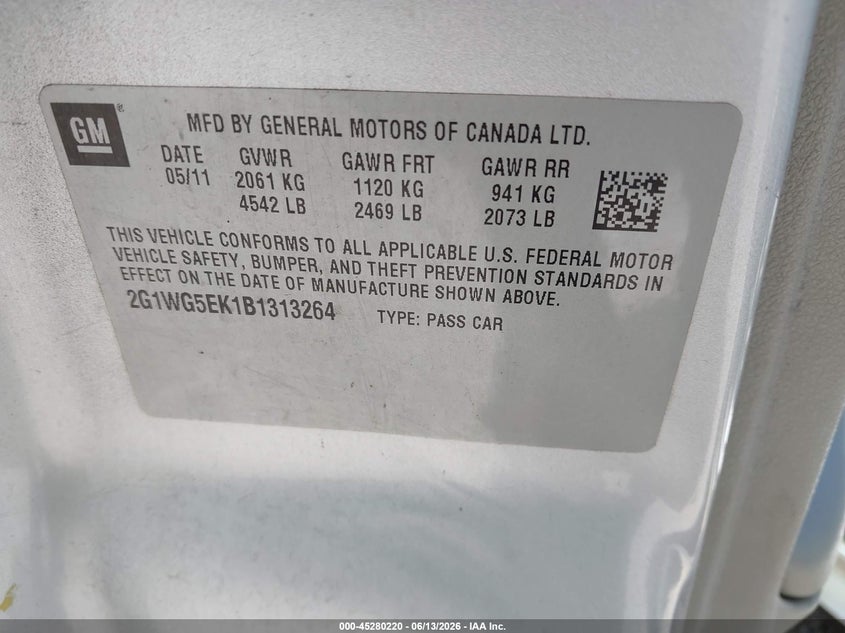 2011 CHEVROLET IMPALA SEDAN 3.5L V-6 VVT, 211HP