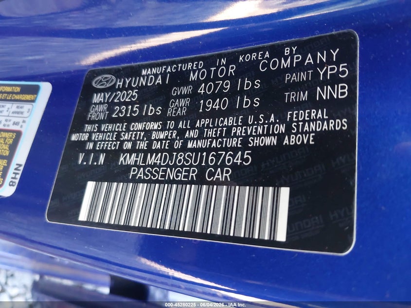 2025 Hyundai Elantra Hybrid Sel Sport VIN: KMHLM4DJ8SU167645 Lot: 45280225