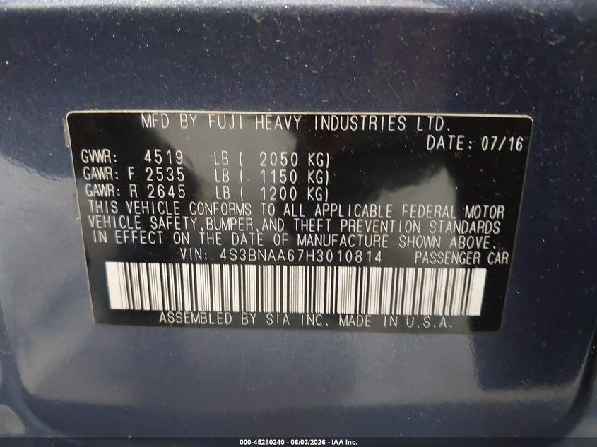 2017 Subaru Legacy 2.5I VIN: 4S3BNAA67H3010814 Lot: 45280240
