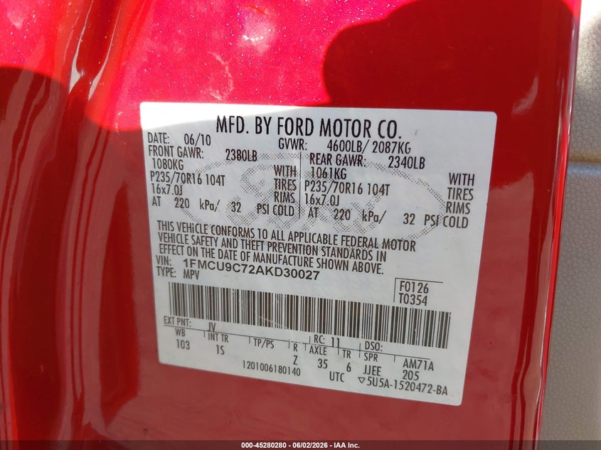 2010 Ford Escape 2.5 Xls red Lot 111045280280 Vin 1FMCU9C72AKD30027