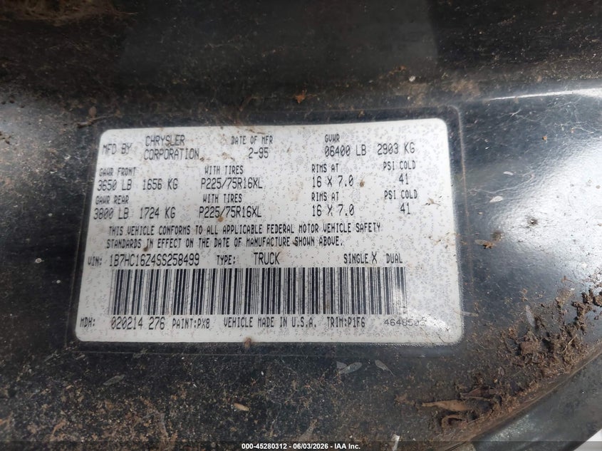 1995 Dodge Ram 1500 VIN: 1B7HC16Z4SS258499 Lot: 45280312