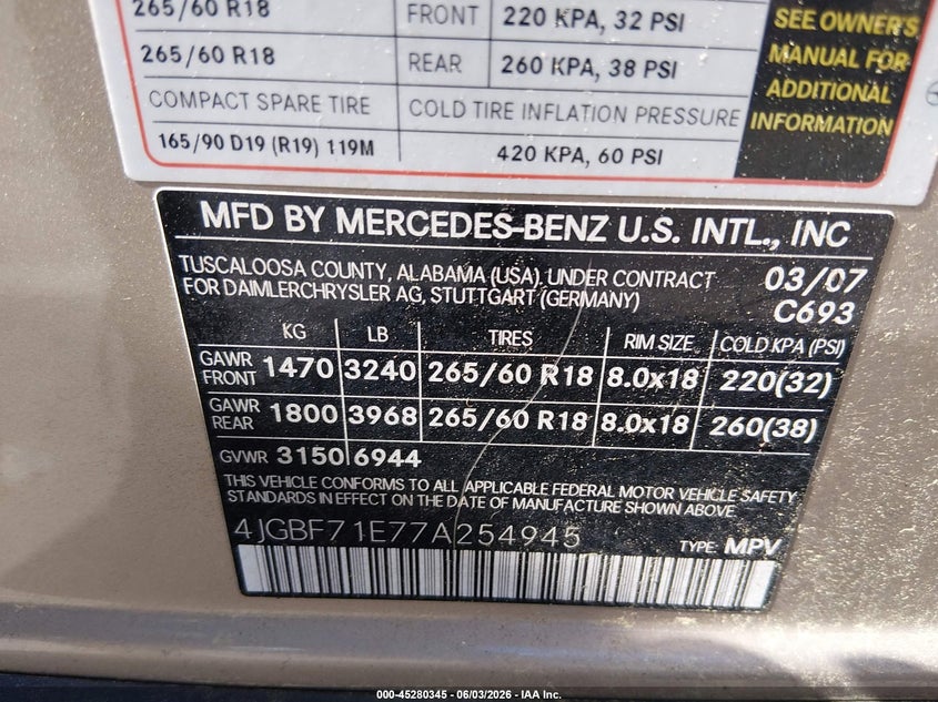 2007 Mercedes-Benz Gl 450 4Matic VIN: 4JGBF71E77A254945 Lot: 45280345