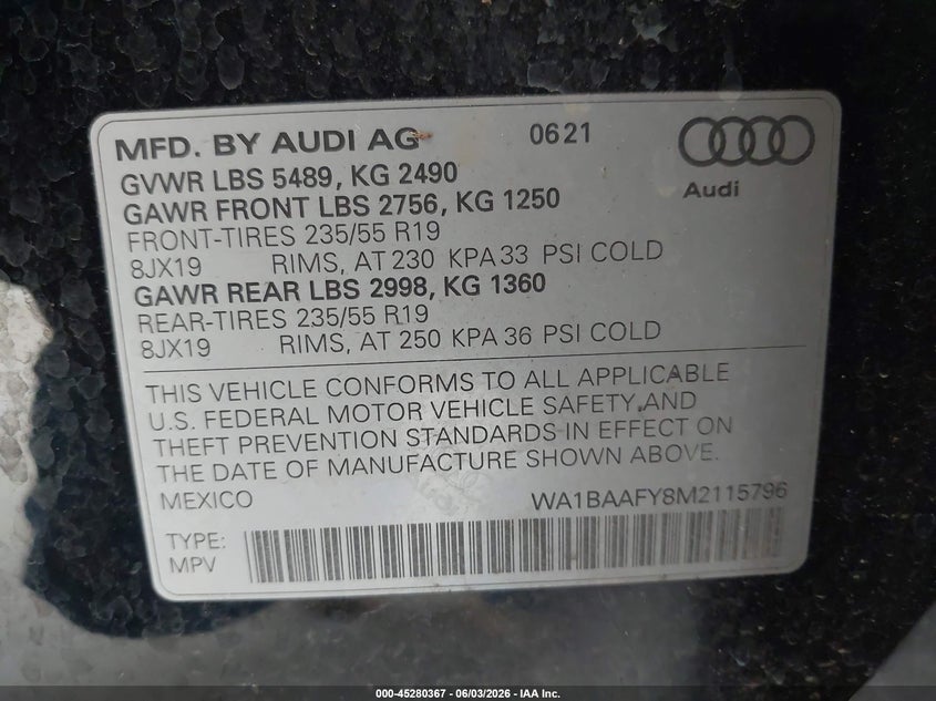 2021 Audi Q5 Premium Plus 45 Tfsi Quattro S Tronic VIN: WA1BAAFY8M2115796 Lot: 45280367