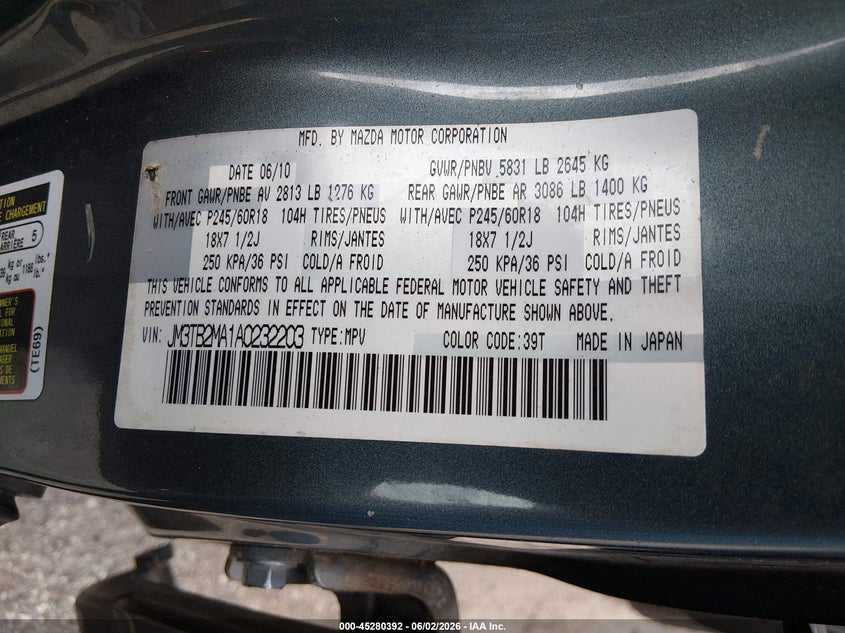 2010 Mazda Cx-9 Sport VIN: JM3TB2MA1A0232203 Lot: 45280392