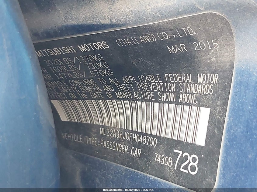 2015 MITSUBISHI MIRAGE HATCHBACK 1.2L I-3 DOHC, VVT, 74HP
