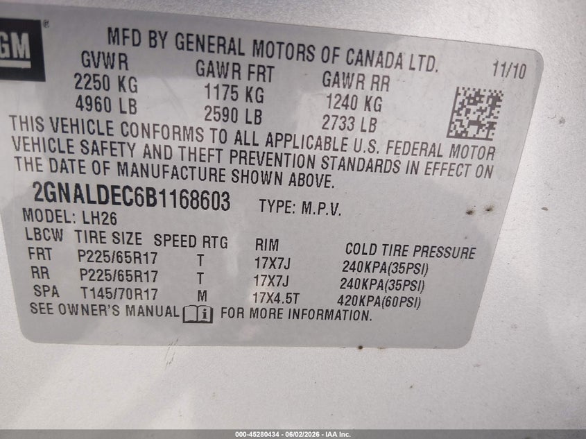2011 Chevrolet Equinox 2.4 1Lt grey Lot 111045280434 Vin 2GNALDEC6B1168603