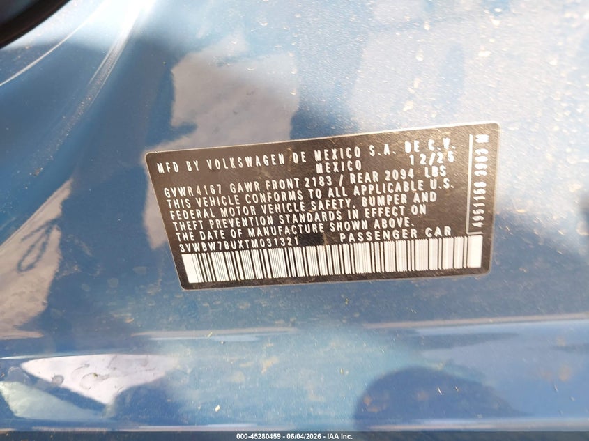 2026 Volkswagen Jetta Sport VIN: 3VWBW7BUXTM031321 Lot: 45280459