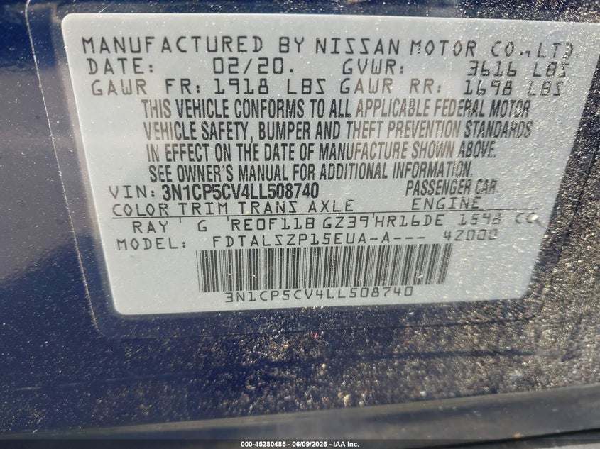 VIN 3N1CP5CV4LL508740 2020 NISSAN KICKS SV XTRONIC CVT
