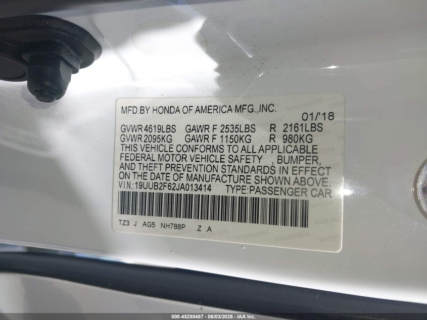 2018 Acura Tlx Tech A-Spec Pkgs VIN: 19UUB2F62JA013414 Lot: 45280487