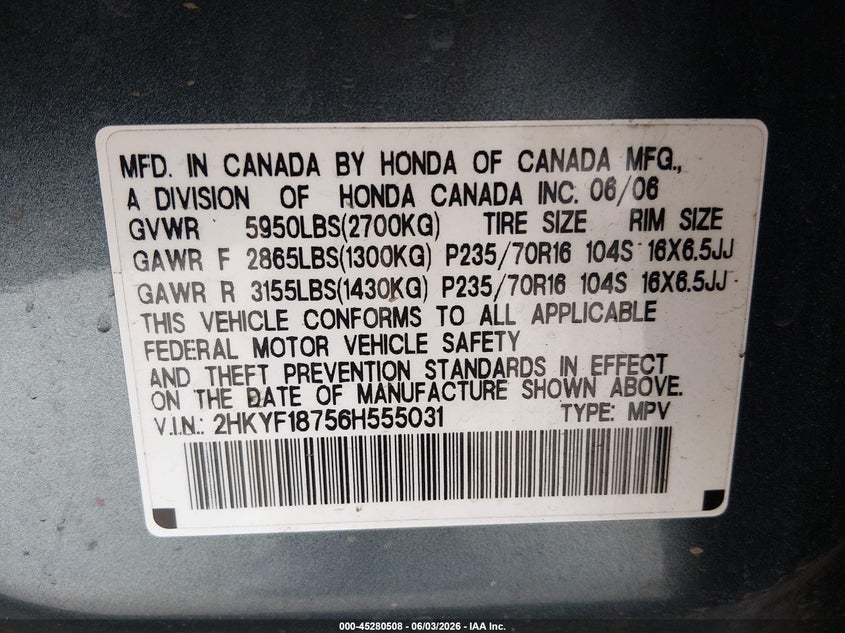 2006 Honda Pilot Ex-L VIN: 2HKYF18756H555031 Lot: 45280508