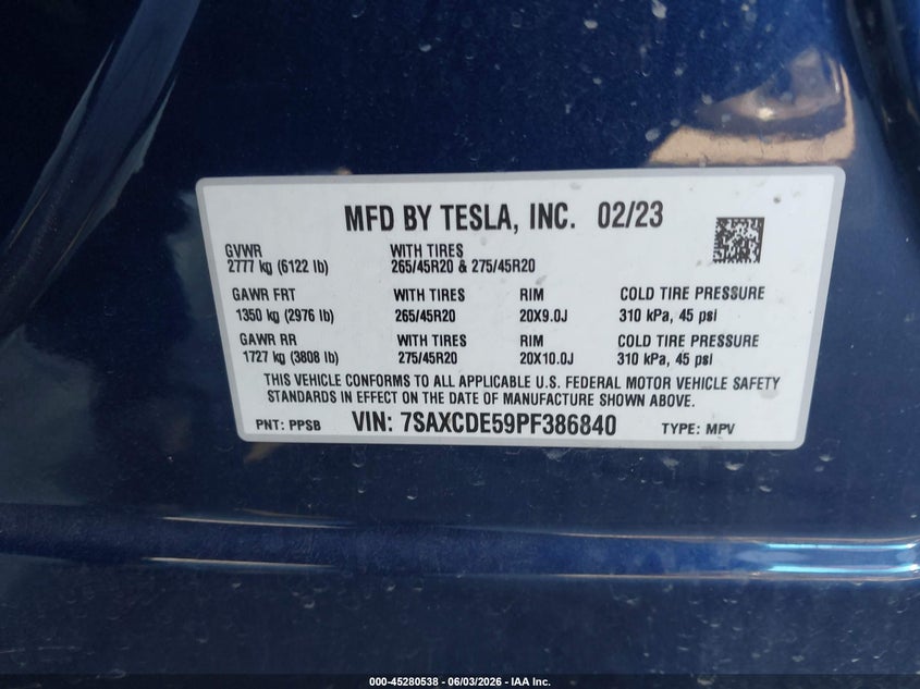 2023 Tesla Model X Dual Motor All-Wheel Drive/Standard Range VIN: 7SAXCDE59PF386840 Lot: 45280538