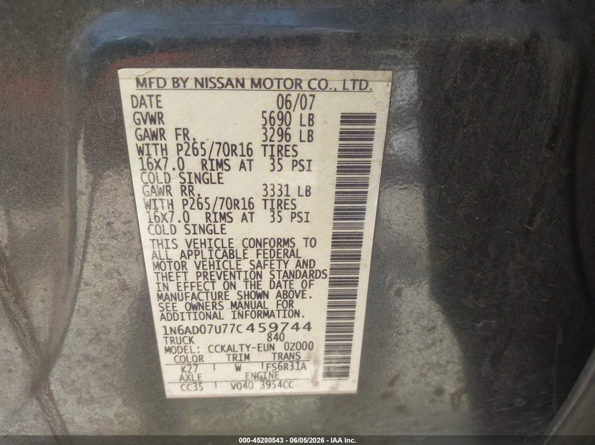 2007 Nissan Frontier Se VIN: 1N6AD07U77C459744 Lot: 45280543