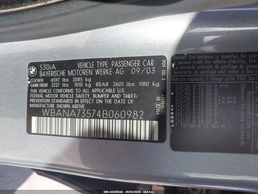 2004 BMW 530I VIN: WBANA73574B060982 Lot: 45280544