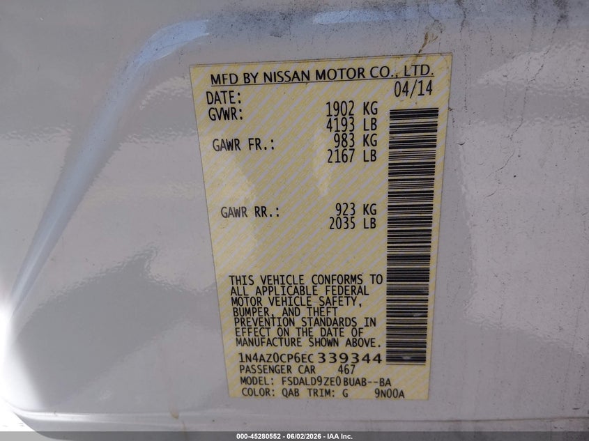 2014 Nissan Leaf Sv VIN: 1N4AZ0CP6EC339344 Lot: 45280552
