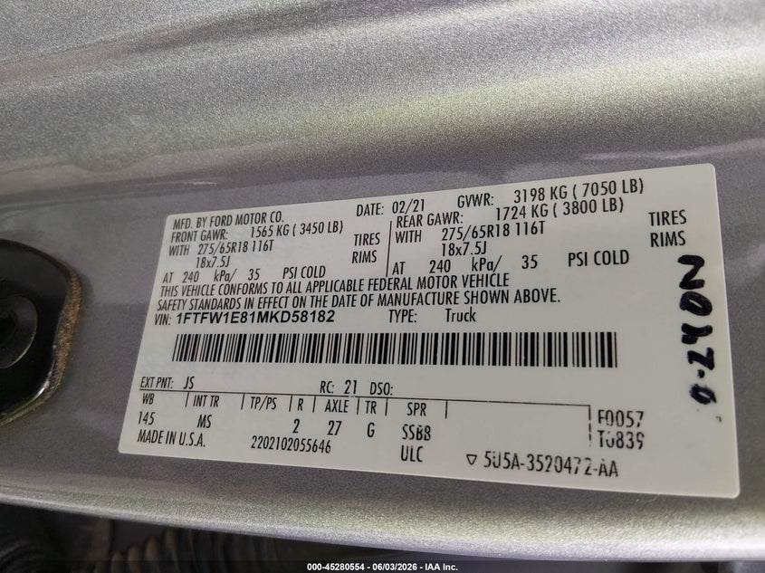 2021 FORD F-150 TRUCK 3.5L V-6 DI, DOHC, VVT, TURBO, 400HP