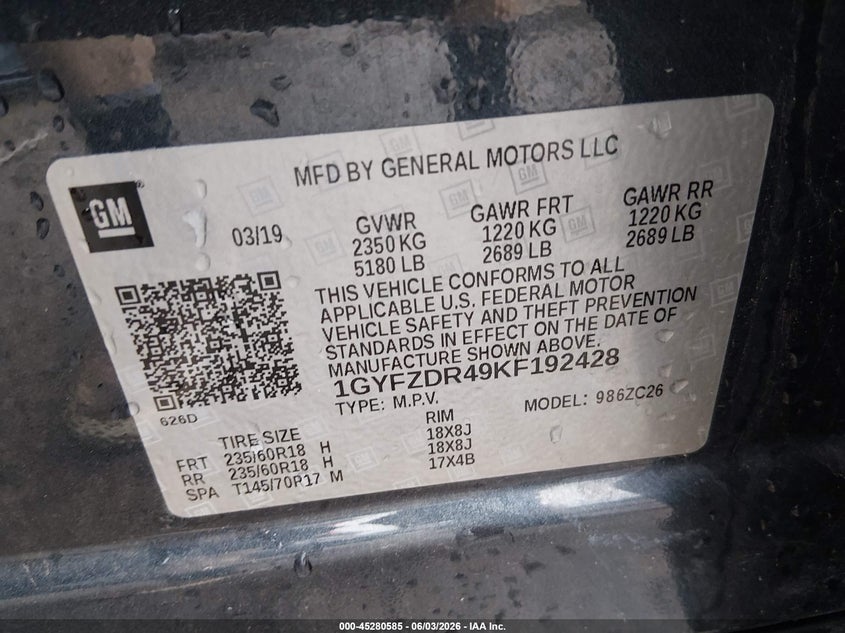 2019 Cadillac Xt4 Premium Luxury VIN: 1GYFZDR49KF192428 Lot: 45280585