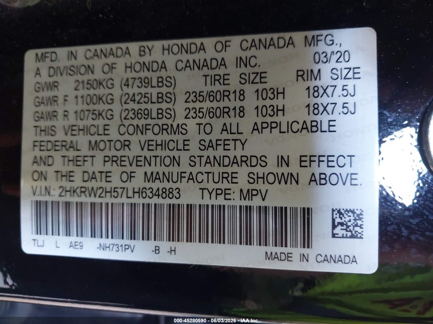 2020 Honda Cr-V Awd Ex VIN: 2HKRW2H57LH634883 Lot: 45280590