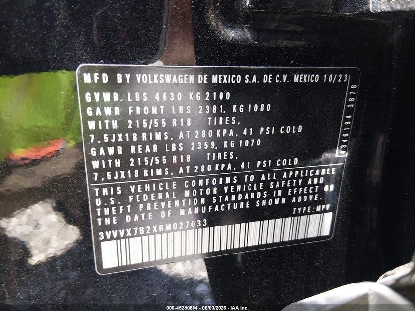 2024 Volkswagen Taos 1.5T Se VIN: 3VVVX7B2XRM027033 Lot: 45280604