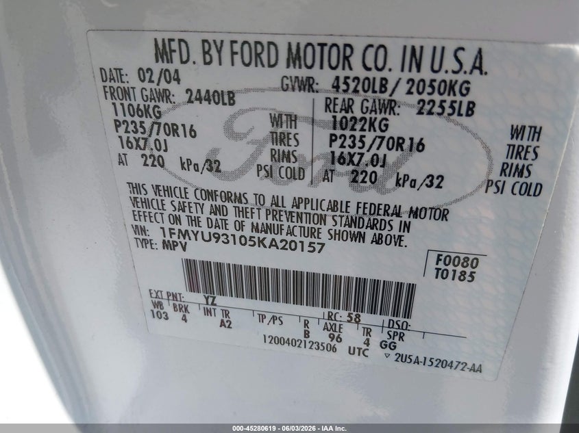 2005 Ford Escape Xlt VIN: 1FMYU93105KA20157 Lot: 45280619