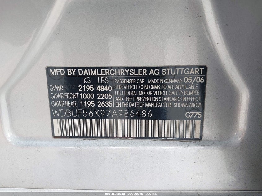 2007 Mercedes-Benz E 350 VIN: WDBUF56X97A986486 Lot: 45280643
