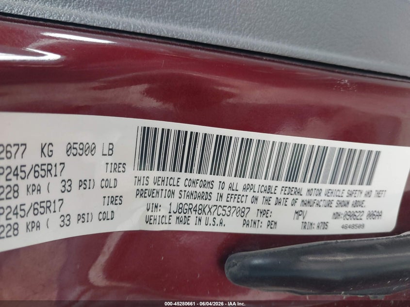 2007 Jeep Grand Cherokee Laredo VIN: 1J8GR48KX7C537087 Lot: 45280661