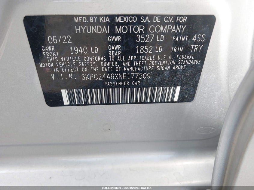 2022 Hyundai Accent Se VIN: 3KPC24A6XNE177509 Lot: 45280689