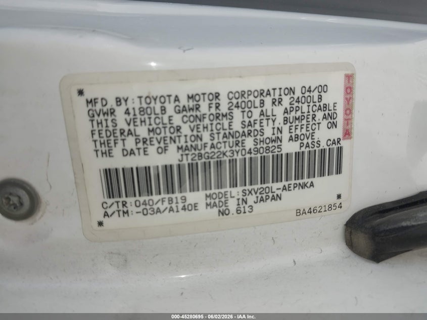 2000 Toyota Camry Le VIN: JT2BG22K3Y0490825 Lot: 45280695