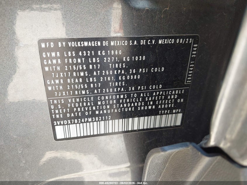 2023 Volkswagen Taos 1.5T S VIN: 3VVDX7B24PM382112 Lot: 45280703