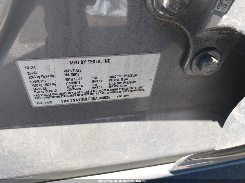 2025 Tesla Model Y Long Range Dual Motor All-Wheel Drive VIN: 7SAYGDEE9SA344926 Lot: 45280708
