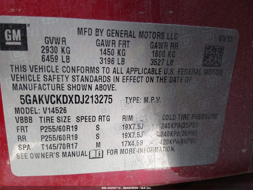 2013 Buick Enclave Leather VIN: 5GAKVCKDXDJ213275 Lot: 45280710