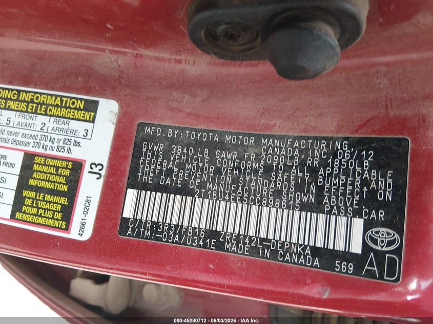 2012 Toyota Corolla 1.8 Le red Lot 111045280712 Vin 2T1BU4EE5CC898615