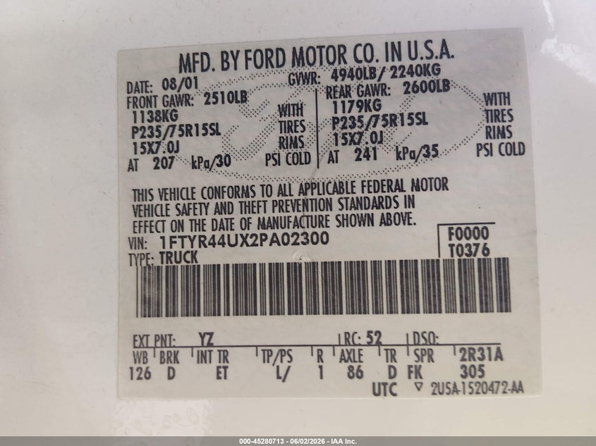 2002 Ford Ranger Edge/Tremor/Xlt VIN: 1FTYR44UX2PA02300 Lot: 45280713